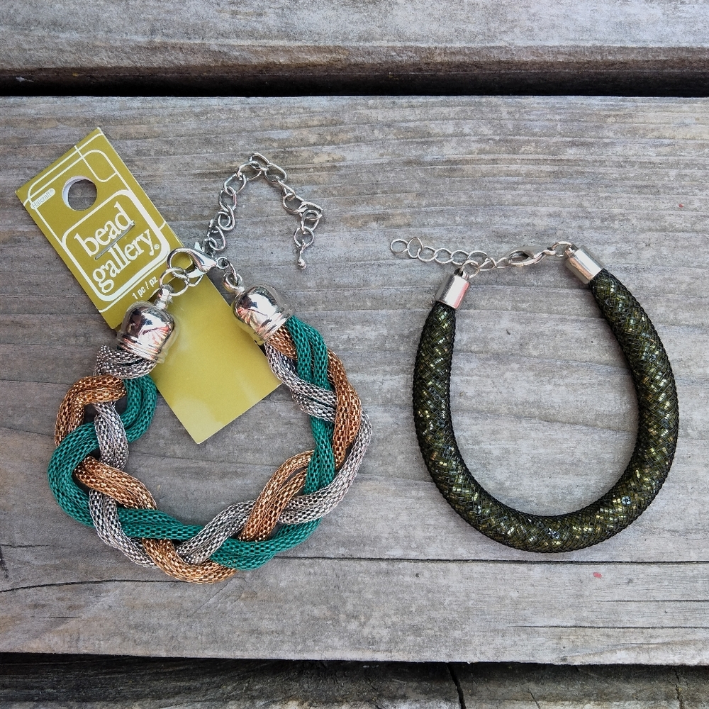 2 Bracelets Lot - Metal Braided Bracelet & Mesh Beaded Bracelet
